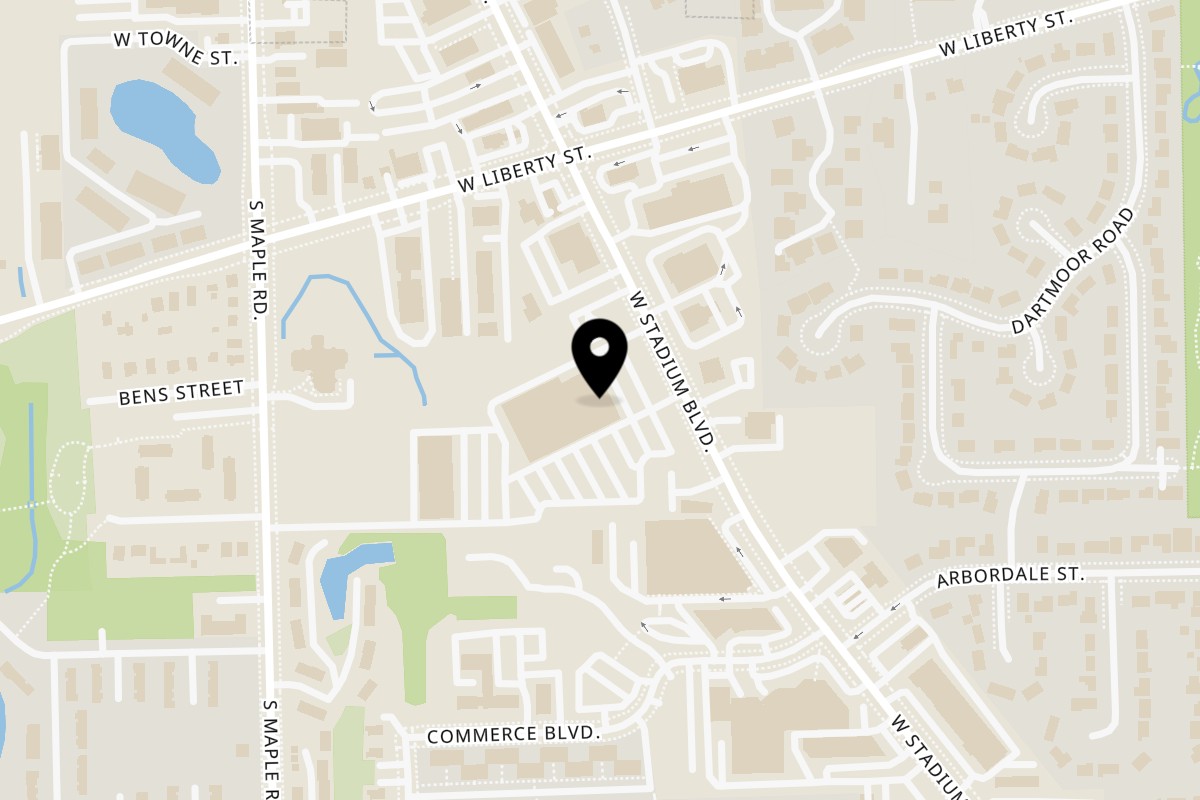Map showing the location of Los Amigos Don Juan West Stadium on 2135 W Stadium Blvd in Ann Arbor