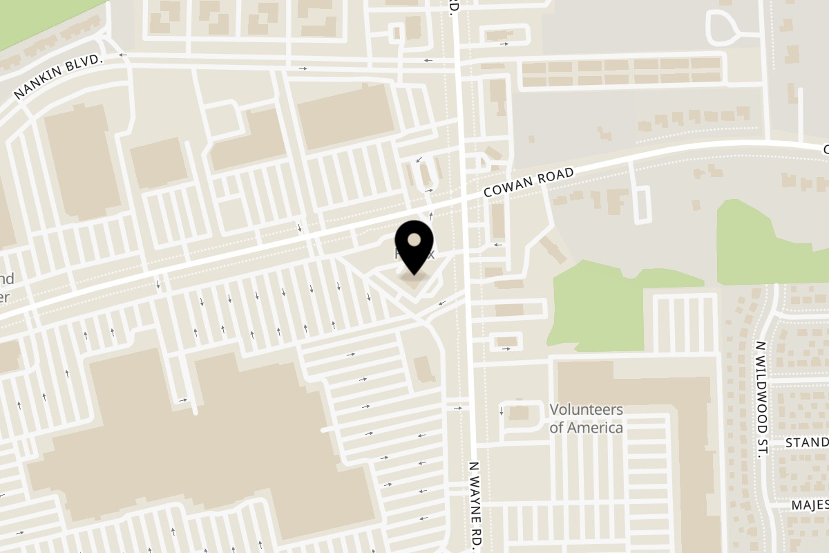 Map showing the location of Los Amigos Don Juan Westland on 7667 N Wayne Rd in Westland