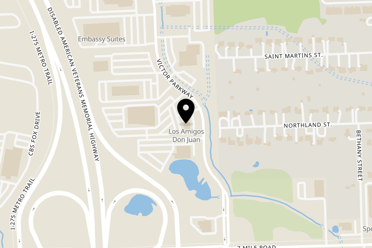 Map showing the location of Los Amigos Don Juan Livonia on 19333 Victor Pkwy in Livonia